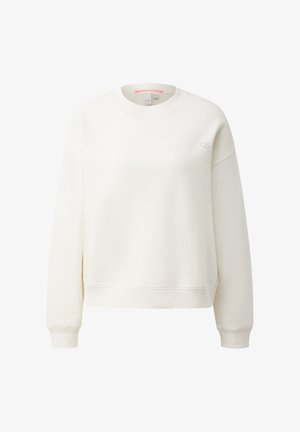 Kremowy sweatshirt z okrągłym dekoltem, ściągaczami przy rękawach i lekko skróconym krojem. Zawiera małe haftowane logo w jasnoróżowym kolorze.