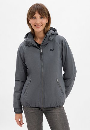 Gray, zip-up jacket with a hood and elastic cuffs. Features two zippered side pockets and a logo on the chest. Textured material.