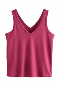 Top sans manches en V en tissu coton rose foncé. Présente une texture lisse et une coupe décontractée, avec des coutures discrètes au niveau de l'encolure et des emmanchures.