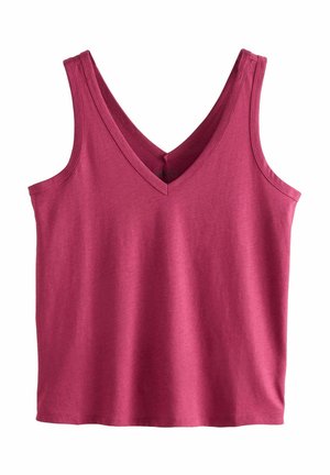 Top sin mangas de corte en V en algodón de color rosa oscuro. Presenta una textura suave y un ajuste relajado, con costuras sutiles en el escote y las sisas.