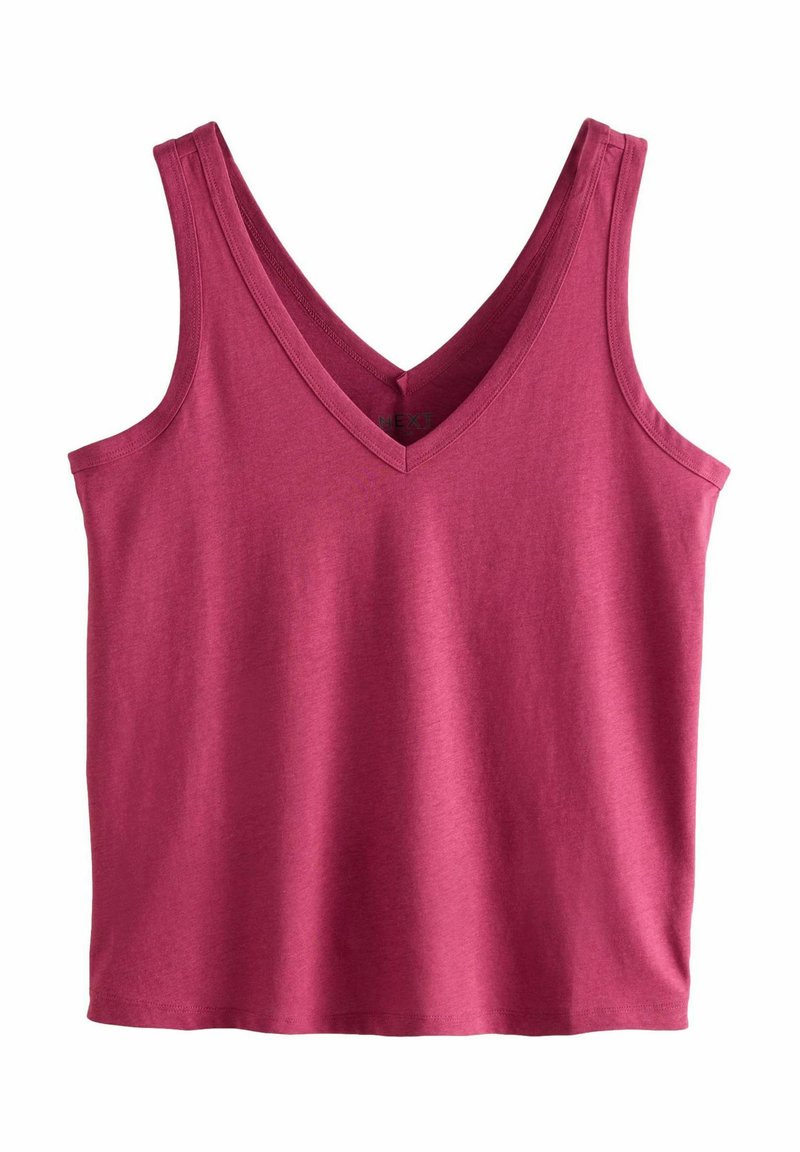 Top sans manches en V en tissu coton rose foncé. Présente une texture lisse et une coupe décontractée, avec des coutures discrètes au niveau de l'encolure et des emmanchures.