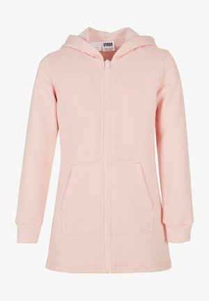 Ružičasti zip-up dukserica s kapuljačom, dugim rukavima i dva prednja džepa. Napravljen od mekanog materijala s glatkom teksturom i rebrastim manžetama.