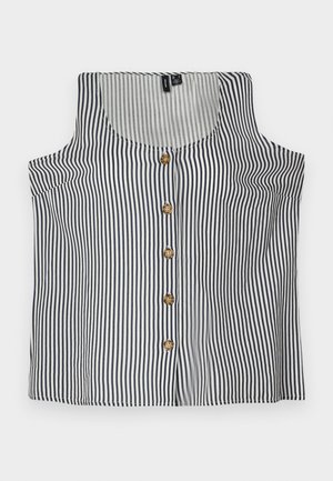 Striped sleeveless top in navy and white, featuring a round neckline and wooden buttons down the front. Cotton fabric with a smooth texture.