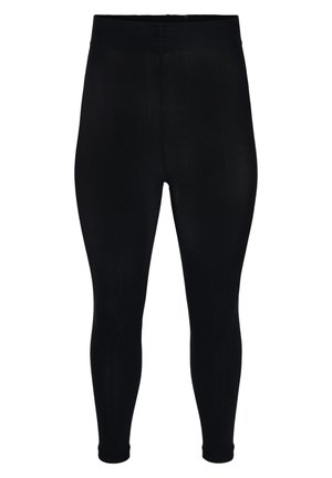 Schwarze Leggings aus dehnbarem Stoff, mit hohem Bund und schlankem Schnitt, der an den Knöcheln schmaler wird. Glatte Textur insgesamt.