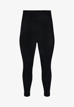 Czarne legginsy z elastycznego materiału, z wysokim stanem i dopasowanym krojem, który zwęża się przy kostkach. Gładka tekstura w całym zakresie.