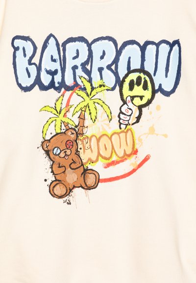 Sudadera beige con un gráfico colorido que presenta "BARROW", palmeras, un oso marrón y una cara sonriente. Los diseños incluyen salpicaduras y contornos.