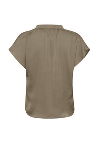 Haut à manches courtes, couleur olive, fabriqué dans un tissu lisse et à coupe décontractée, doté d'un empiècement plissé dans le dos et d'un ourlet arrondi.