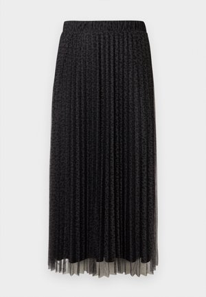 Crna plisirana midi suknja s suptilnim uzorkom leoparda, elastičnim pojasom i prozirnom teksturom na rubu.