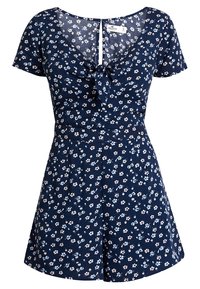 Námořnické modré květinové šaty s krátkým rukávem a kulatým výstřihem, se zapínáním na uzel vpředu a bílými knoflíky. Obsahuje malé bílé a modré květinové vzory.
