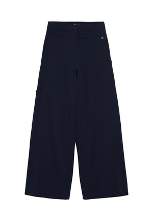Marinefarbene weite Hose aus einem weichen Stoff, mit einem Bund mit zwei Knöpfen, Taschen vorne und ausgestellt geschnittenen Beinen mit glatter Textur.