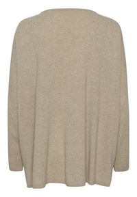 Beige übergroßer Pullover mit weiter Halsöffnung, gerippter Textur und langen Ärmeln. Glattes Strickmaterial mit seitlichen Schlitzen am Saum.