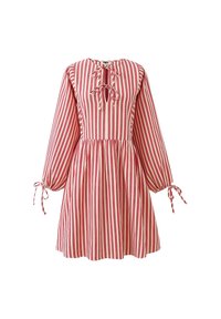 Rot-weißer vertikal gestreifter Langarmkleid mit gerafftem Taillenbund, Frontkrawatte am Hals und gebundenen Manschetten auf einem weißen Hintergrund.
