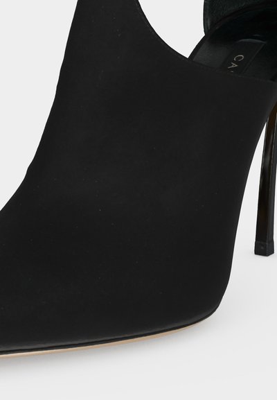 Chaussure à talon haut en daim noir avec bout pointu et talon aiguille fin sur un fond clair.