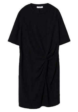 Sort knælængde kjole med korte ærmer og en snoet knudedetalje ved taljen, der har en rund halsudskæring.