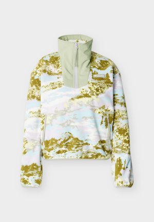 Udendørs fleece-pullover med camouflage-mønster i grøn, hvid og lyseblå, med høj krave og forreste lynlåslomme.