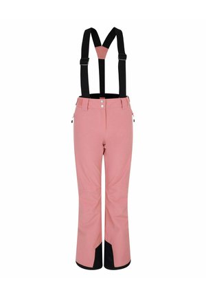 Rosa Skihosen mit verstellbaren schwarzen Trägern, zwei Seitentaschen und einem schwarzen Akzent am Saum. Glatte Textur und wasserdichtes Material.