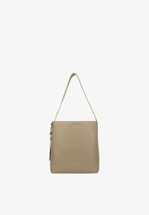 Beige Lederschultertasche mit flacher rechteckiger Form, einem einzelnen Tragegurt und seitlichem Reißverschlussdetail vor weißem Hintergrund.