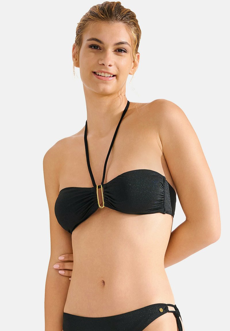 Zwarte bikini-top met een gerimpeld ontwerp, gouden accenten in het midden en dunne bandjes. De stof heeft een subtiele glans.
