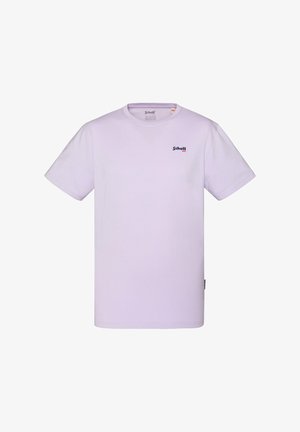 Lichtpaarse katoenen t-shirt met korte mouwen, ronde hals en een subtiele logo op de borst. Gladde textuur, rechte pasvorm en zonder patronen.