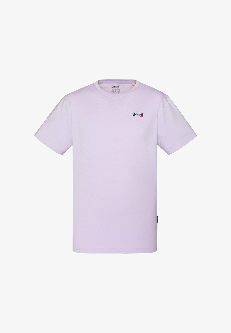 Lichtpaarse katoenen t-shirt met korte mouwen, ronde hals en een subtiele logo op de borst. Gladde textuur, rechte pasvorm en zonder patronen.