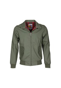 Veste bomber verte avec fermeture éclair à l'avant, deux poches latérales, poignets côtelés et doublure intérieure en tartan, fabriquée en tissu léger.