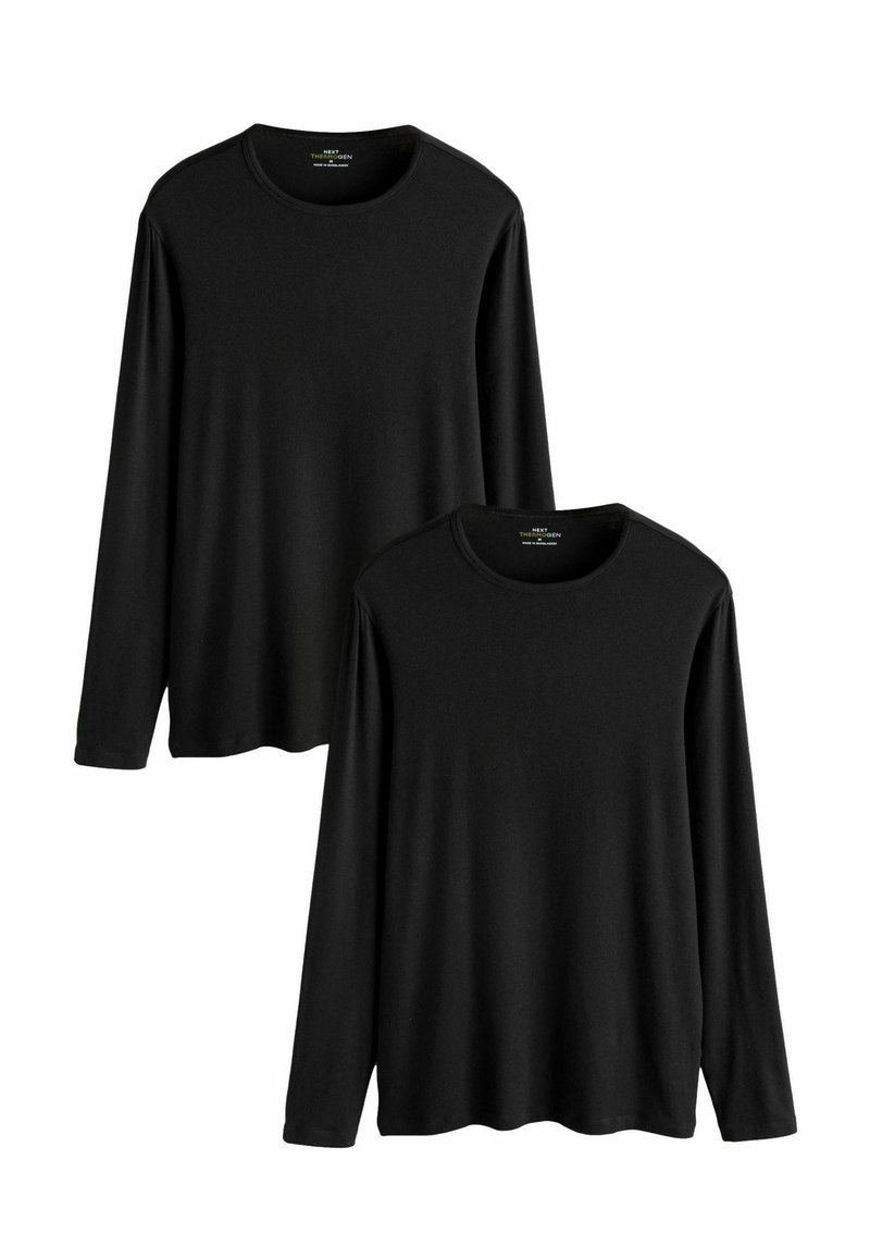 Magliette a manica lunga nere con scollo rotondo, tessuto morbido e vestibilità comoda, esposte impilate, senza motivi o dettagli visibili.
