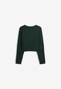 Donkergroen gebreid shirt met een cropped ontwerp, kabelpatroon, lange mouwen en een ronde hals. Textuurstof met geribbelde zoom.