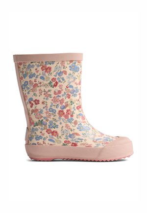 Roze regenlaars met bloemmotief in pastelroze en crème, met een gestructureerde zool en roze rand rond de bovenkant en de neus.