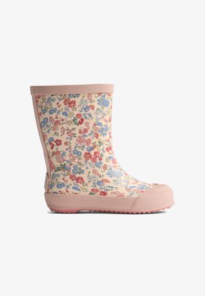 Gummistøvel med blomsterprint i pastellrosa og kremfarge, med mønstret såle og rosa kant rundt toppen og tåen.