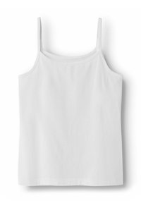 Vit linne med tunna justerbara axelband, rund halsringning, tillverkad av slät, lättviktig tyg, med en enkel, odekorerad design.