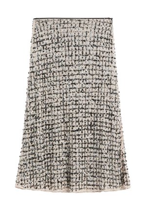 Jupe beige ornée de sequins, présentant un motif à carreaux texturé avec des accents noirs. Design évasé, longueur genou, avec un ourlet lisse.