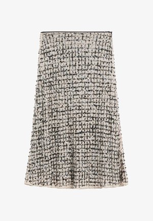 Beżowa spódnica ozdobiona cekinami, z fakturowanym wzorem w kratę i czarnymi akcentami. Rozkloszowany krój, długość do kolan, z gładkim wykończeniem.
