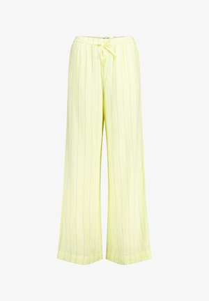Pantaloni a gamba larga giallo chiaro con righe blu verticali, realizzati in materiale morbido, dotati di una vita elastica e un cordoncino regolabile.