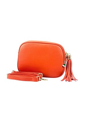 Small orange textured leather crossbody bag with detachable strap and tassel keychain featuring an Italian flag charm on white background.