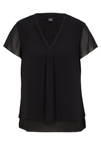 Blusa nera a maniche corte con scollatura a V, dettagli plissettati sul colletto e tessuto sovrapposto per un effetto leggermente trasparente alle maniche.