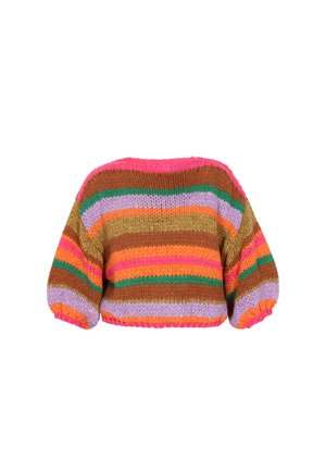 Maglione in maglia con silhouette ampia, maniche a palloncino e un motivo a strisce multicolori nei toni di rosa, viola, verde e marrone.