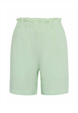 Pantaloni corti in lino verde chiaro con cintura elastica arricciata e vestibilità ampia. Tessuto liscio con lunghezza a metà coscia e senza tasche visibili.