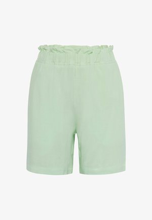 Šviesiai žali lino šortai su susiraukšlėjusia elastinga juosmeniu ir laisvu siluetu. Sklandus paviršius, vidutinio ilgio iki šlaunų ir be matomų kišenių.