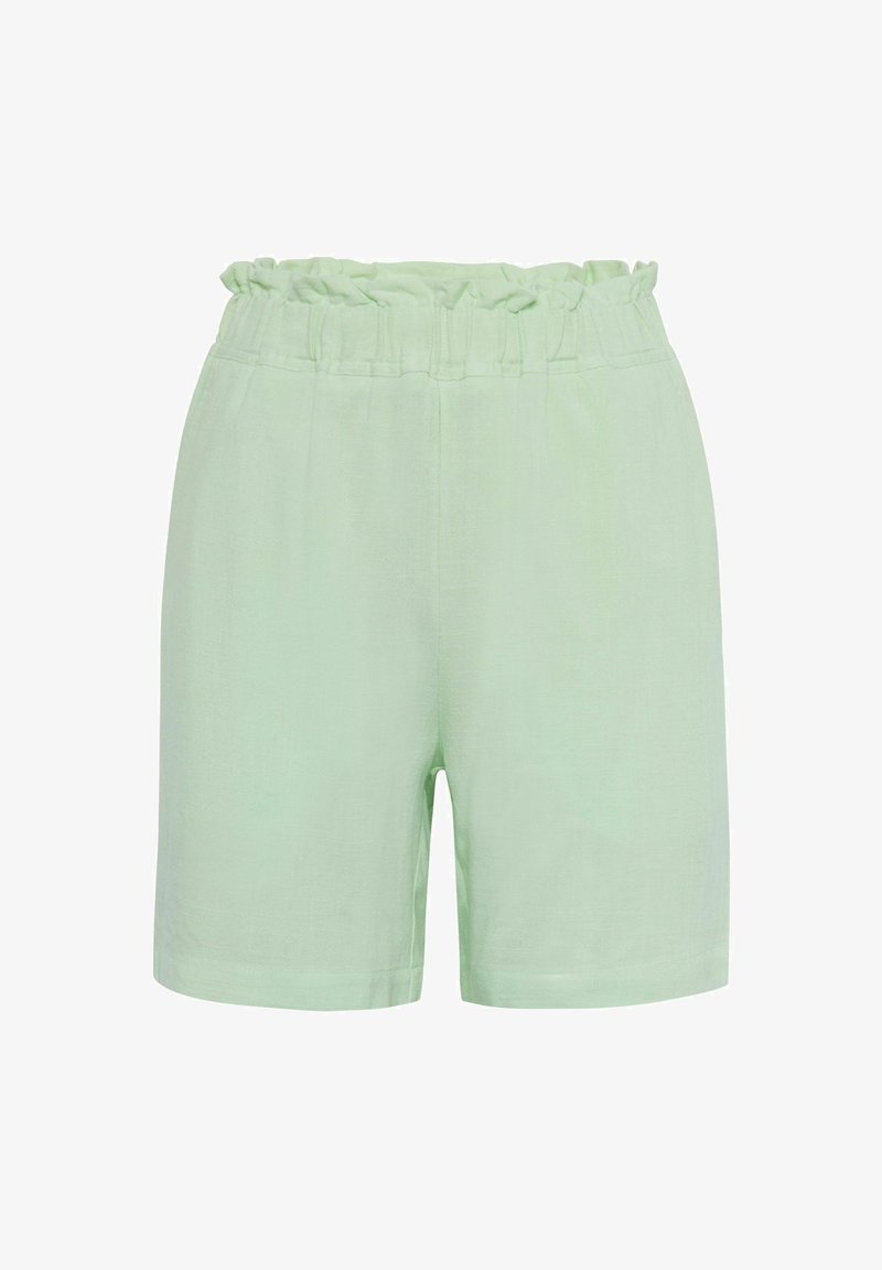 Shorts en lin vert clair avec une taille élastique froncée et une coupe ample. Texture lisse, longueur mi-cuisse et sans poches visibles.