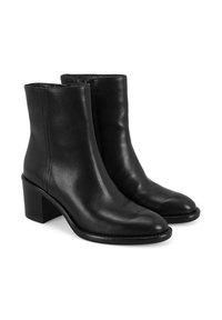 Schwarze Leder-Ankle Boots mit glatter Textur, quadratischer Zehenform und einem klobigen Absatz. Minimale Nähte und elegantes Design.