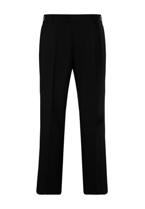 Schwarze Hosen aus glattem Stoff mit geradem Bein, zwei Fronttaschen und polierten Hardware-Details.