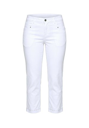 Hvide midtaljede cropped bukser med knap- og lynlåslukning, forlommer og øjenletdetaljer langs kanten.