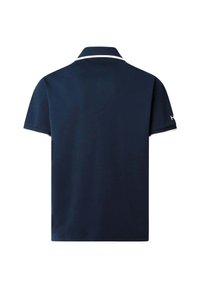 Polo blu navy con colletto, caratterizzata da bordi bianchi su colletto e maniche. Maniche corte e tessuto liscio e testurizzato.