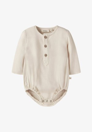 Tutina per neonati a maniche lunghe color crema con tre bottoni frontali e chiusure a scatto all'ingresso, con scollo rotondo.