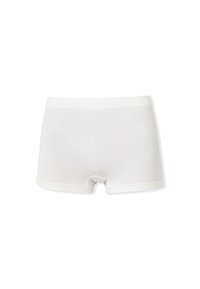 Boxer in cotone bianco con una texture liscia, dotati di una ampia fascia elastica in vita e un design a gamba corta. Stile semplice e minimalista.