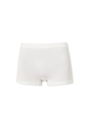 Boxer in cotone bianco con una texture liscia, dotati di una ampia fascia elastica in vita e un design a gamba corta. Stile semplice e minimalista.