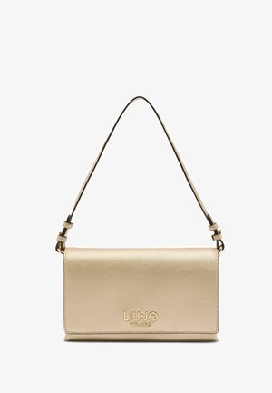 Metallic gold crossbody bag with a pebbled texture, featuring a detachable strap and embossed brand logo on the front.
