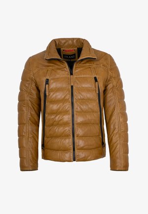 Braune Lederjacke mit gestepptem Muster, hohem Kragen und zwei Reißverschluss-Fronttaschen. Verfügt über schwarze Reißverschlüsse und eine glatte Textur.