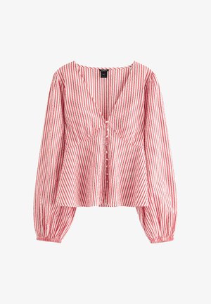 Bluse med lange ærmer med røde og hvide lodrette striber, dyb V-hals, knapper foran og rynkede manchetter.