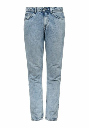 Jasnoniebieskie dżinsy z prostą nogawką, pięcioma kieszeniami, szlufkami na pasek i czystym wykończeniem przy mankietach. Minimalne ślady blaknięcia na całej powierzchni.